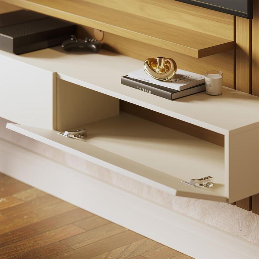 Painel Para TV Até 65 Polegadas Com 2 Portas E Prateleiras Multimóveis CRCOL-PTV033 Madeirado/Off White - imagem 5