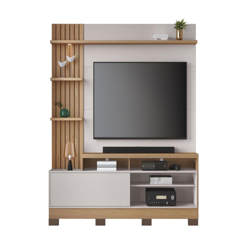 Rack Com Painel Para TV Até 65 Polegadas Com 1 Porta E LED Multimóveis CRCOL-RCP023 Madeirado/Off White - imagem 2