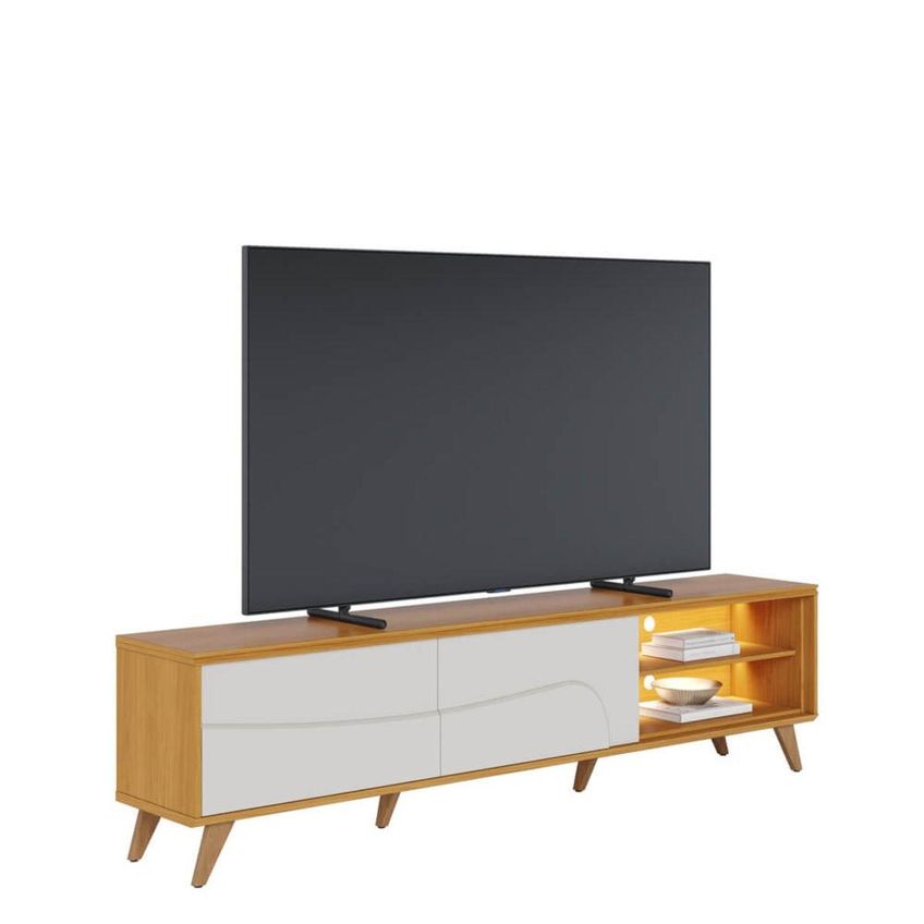 Rack Para TV Até 75 Polegadas Com LED 2 Portas E Nichos Retrô Multimóveis CRCOL-RCK042 Madeirado/Off White - imagem 4