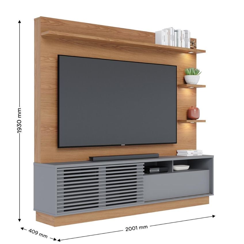 Rack Com Painel Para TV Até 70 Polegadas Com LED 1 Porta 1 Gaveta Multimóveis CRCOL-RCP027 Madeirado/Cinza - imagem 4
