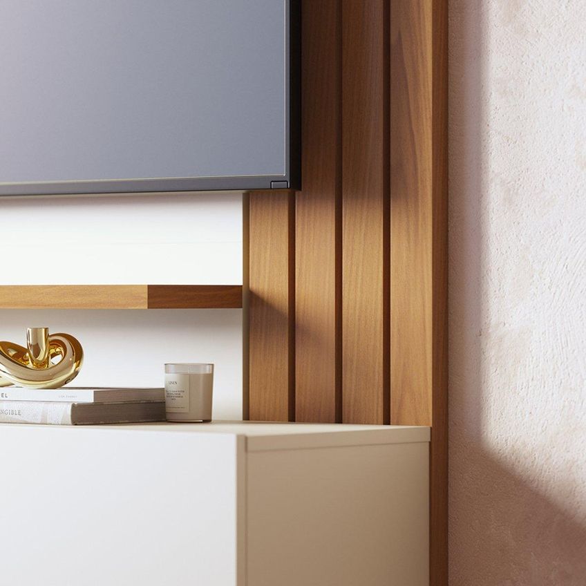 Painel Para TV Até 65 Polegadas Com 2 Portas E Prateleiras Multimóveis CRCOL-PTV033 Off White/Madeirado - imagem 3
