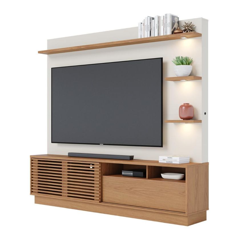 Rack Com Painel Para Tv Até 70 Polegadas Com Led 1 Porta 1 Gaveta Multimóveis Crcol-rcp027 Madeirado/off White - imagem 2
