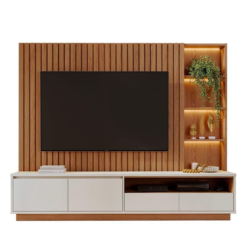 Rack Com Painel Para Tv Até 82 Polegadas 4 Gavetas E Nichos Com Led Multimóveis Crcol-rcp007 Madeirado/off White - imagem 2