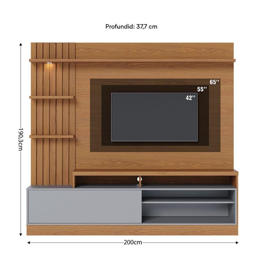 Rack Com Painel Para Tv Até 65 Polegadas Com 1 Porta E Led Multimóveis Crcol-rcp024 Madeirado/cinza - imagem 4