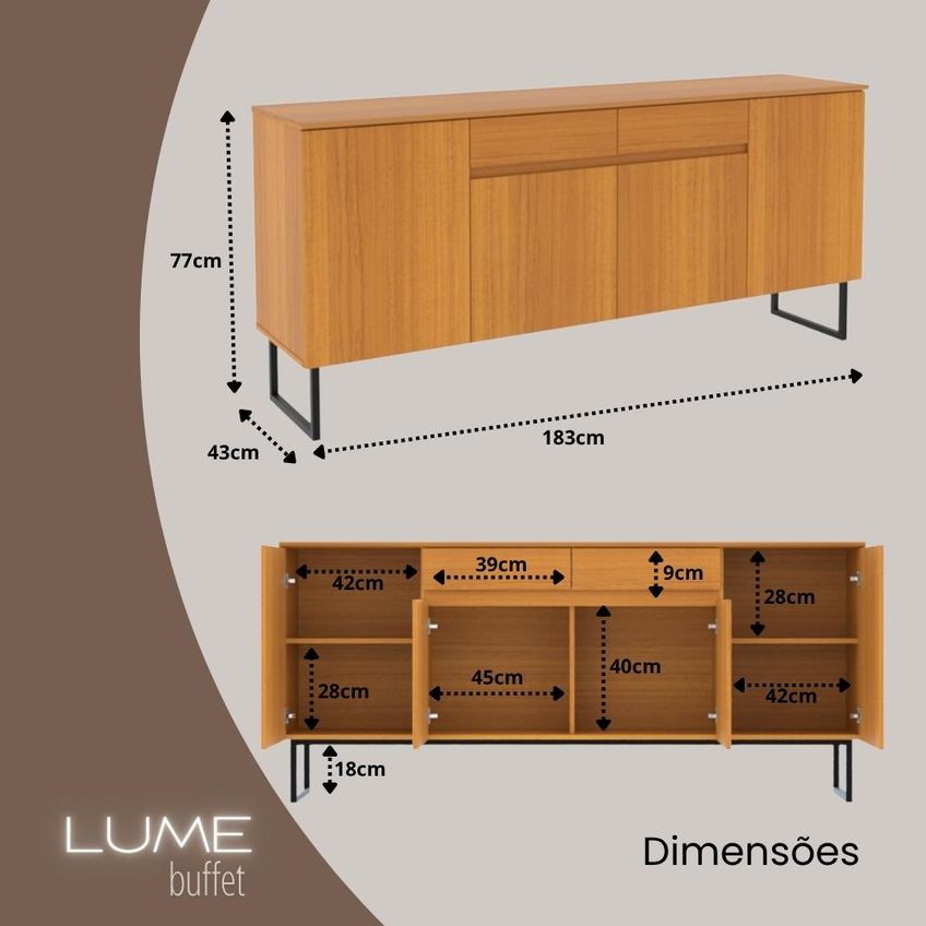 Buffet Aparador Industrial Lume 183 Cm 4 Portas E 2 Gavetas - Cedro - imagem 3