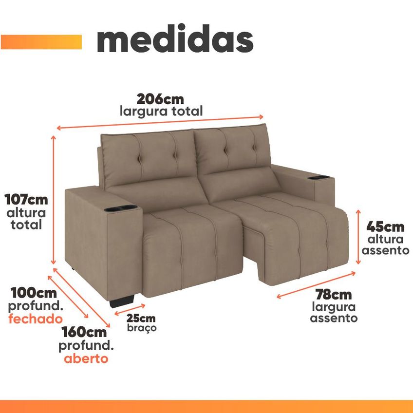 Sofá Retrátil E Reclinável 2 Lugares 2,05m Com Porta Copos Bulgária - imagem 3