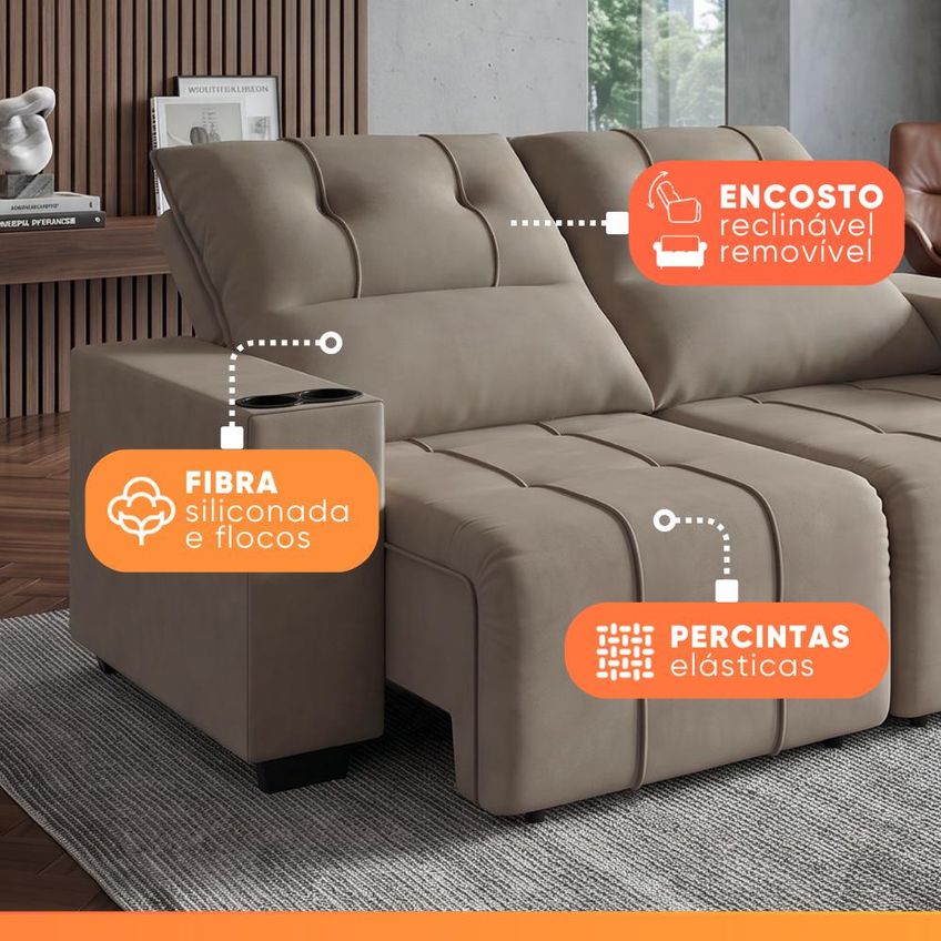 Sofá Retrátil E Reclinável 2 Lugares 2,05m Com Porta Copos Bulgária - imagem 5