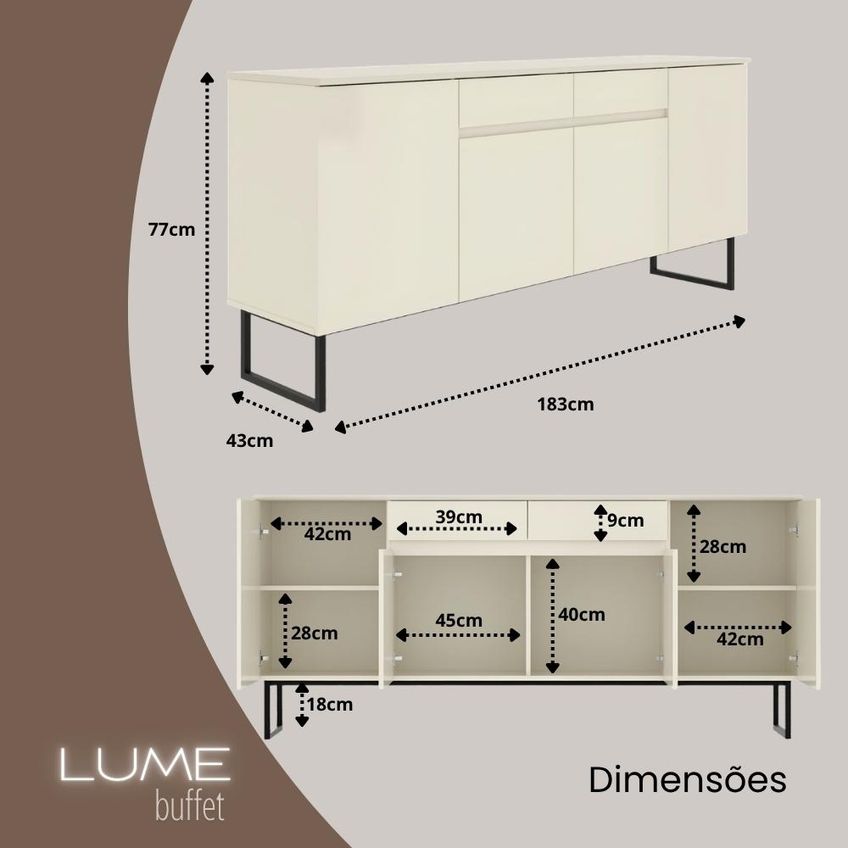 Buffet Aparador Industrial Lume 183 Cm 4 Portas E 2 Gavetas - Off White - imagem 3