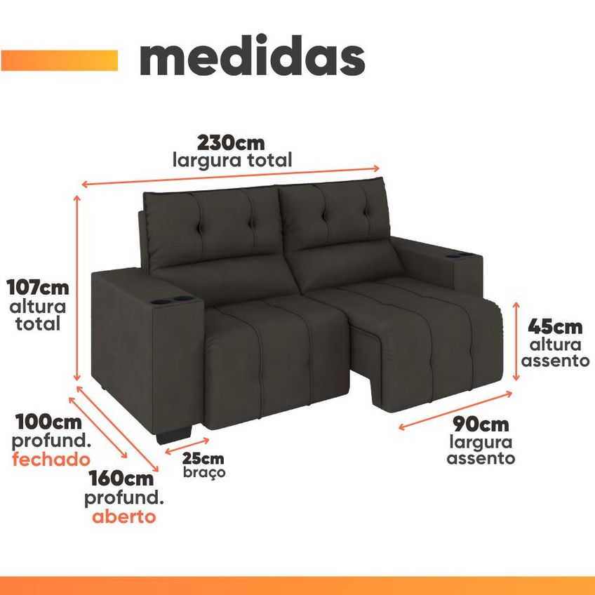 Sofá Retrátil E Reclinável 3 Lugares 2,30m Com Porta Copos Bulgária - imagem 3