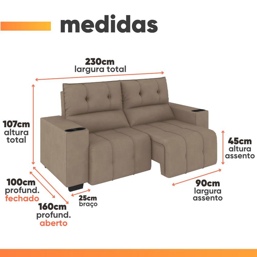 Sofá Retrátil E Reclinável 3 Lugares 2,30m Com Porta Copos Bulgária - imagem 3