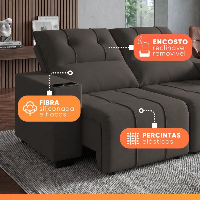 Sofá Retrátil E Reclinável 2 Lugares 2,05m Com Porta Copos Bulgária - imagem 5