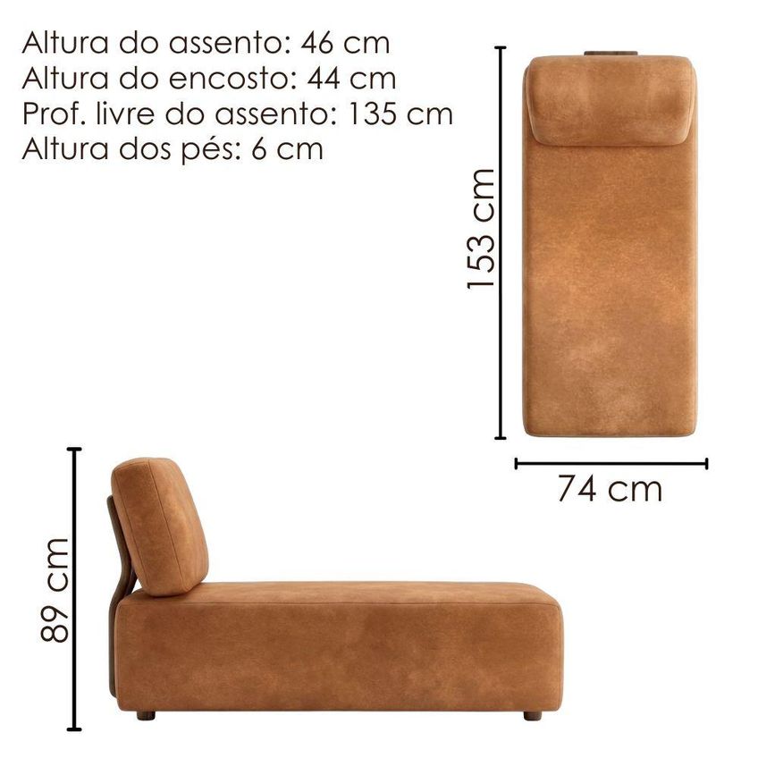Sofá Chaise Modular Block 74x153 Pes Madeira Courino Tcs 727 Moll - imagem 3