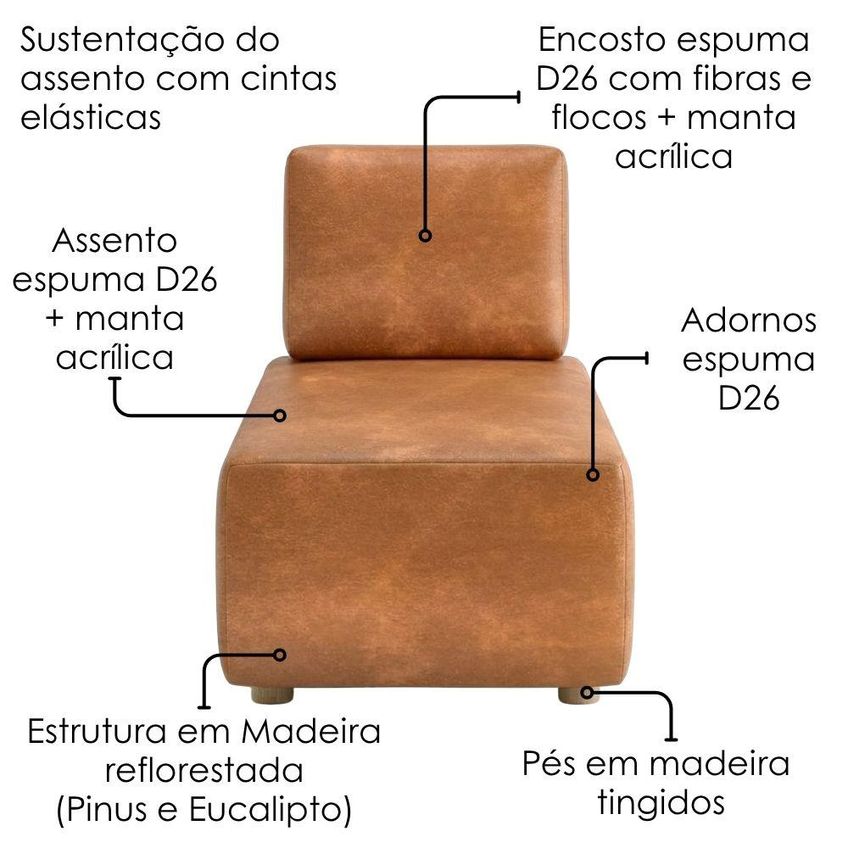 Sofá Chaise Modular Block 74x153 Pes Madeira Courino Tcs 727 Moll - imagem 5