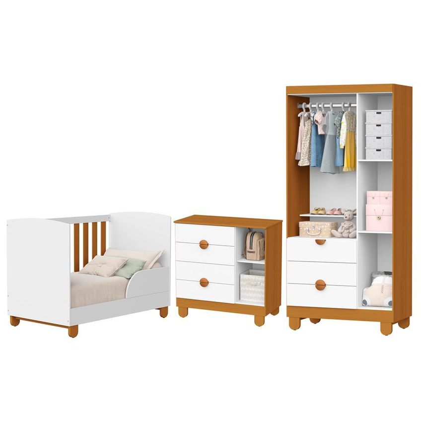 Dormitório Apolo Com Guarda Roupa, Cômoda E Berço Branco Fosco/savana Com Colchão Physical - Reller Móveis - imagem 3