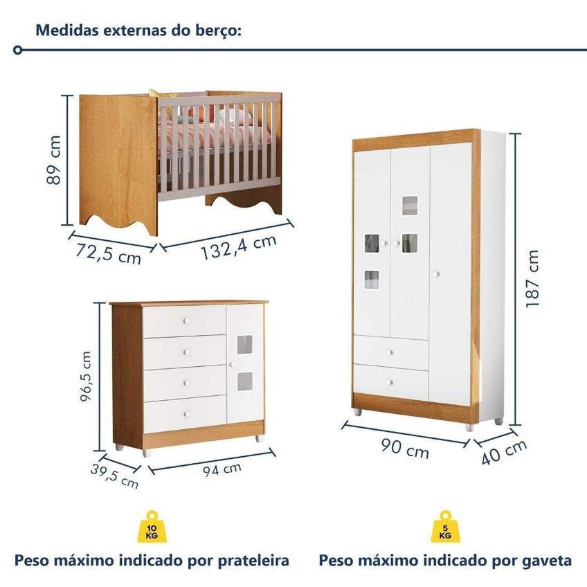 Quarto De Bebê Completo 100% Mdf Linha Lua Branco Amadeirado - imagem 3