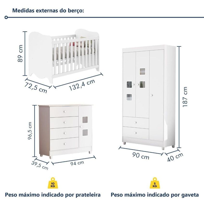 Quarto De Bebê Completo Berço 100% Mdf Com Guarda-roupa 3 Portas Nuvem Branco - imagem 3