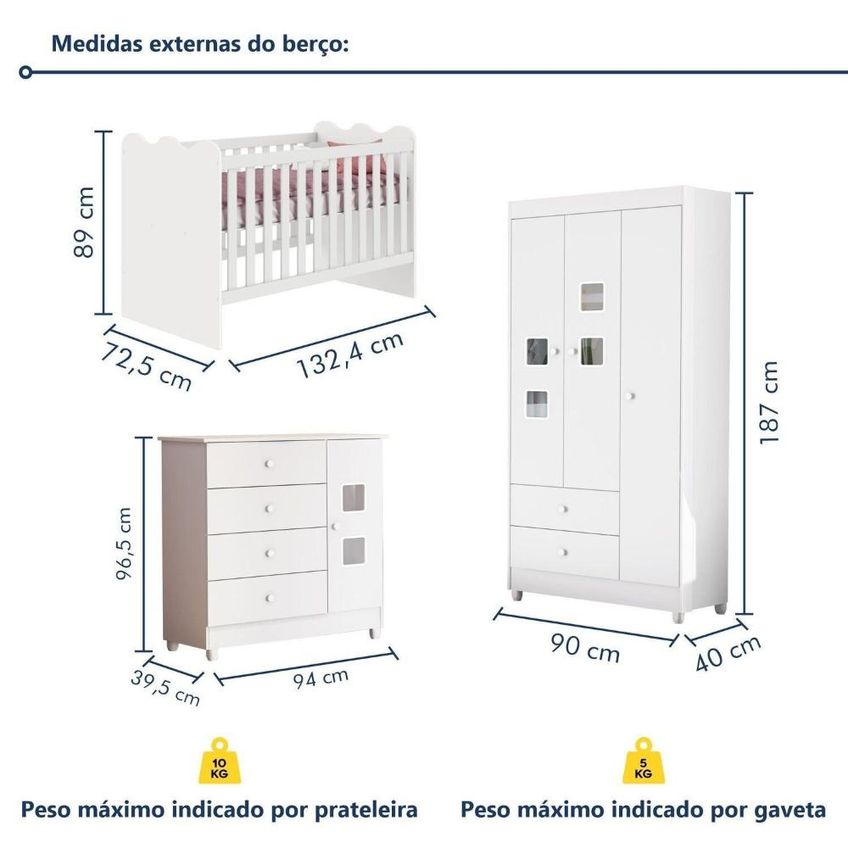 Quarto De Bebê Completo 100% Mdf Berço Guarda-roupa 3 Portas Ternura Branco - imagem 3