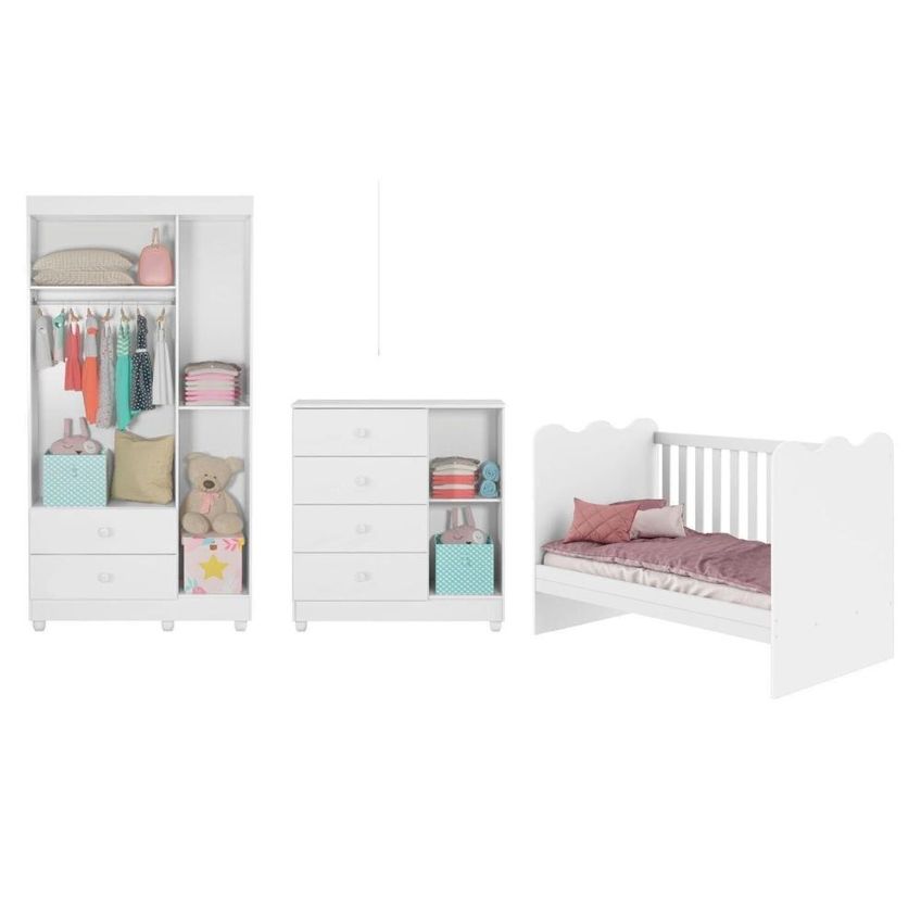 Quarto De Bebê Completo 100% Mdf Berço Guarda-roupa 3 Portas Ternura Branco - imagem 4