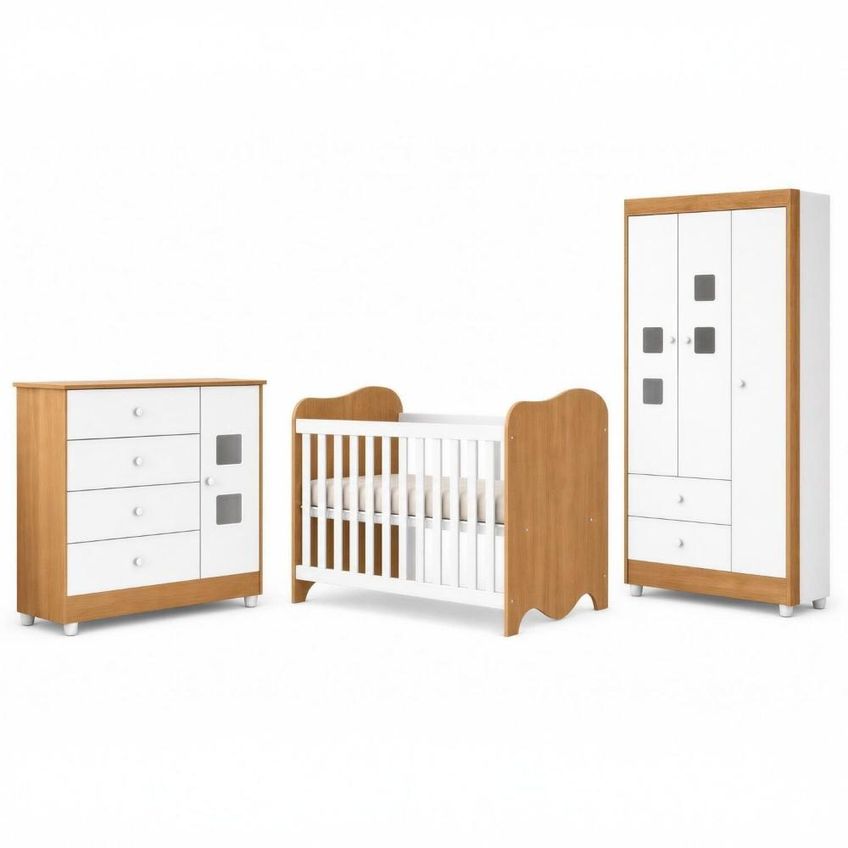 Quarto De Bebê Completo Berço 100% MDF Com Guarda-roupa 3 Portas Nuvem Branco Amadeirado - imagem 2