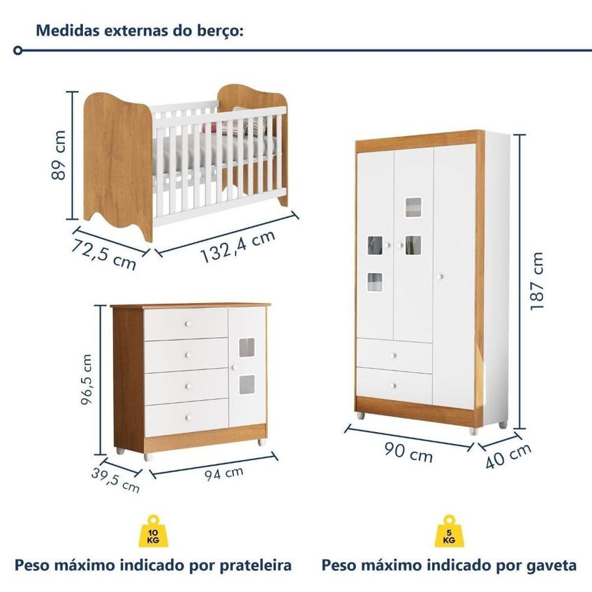Quarto De Bebê Completo Berço 100% MDF Com Guarda-roupa 3 Portas Nuvem Branco Amadeirado - imagem 3