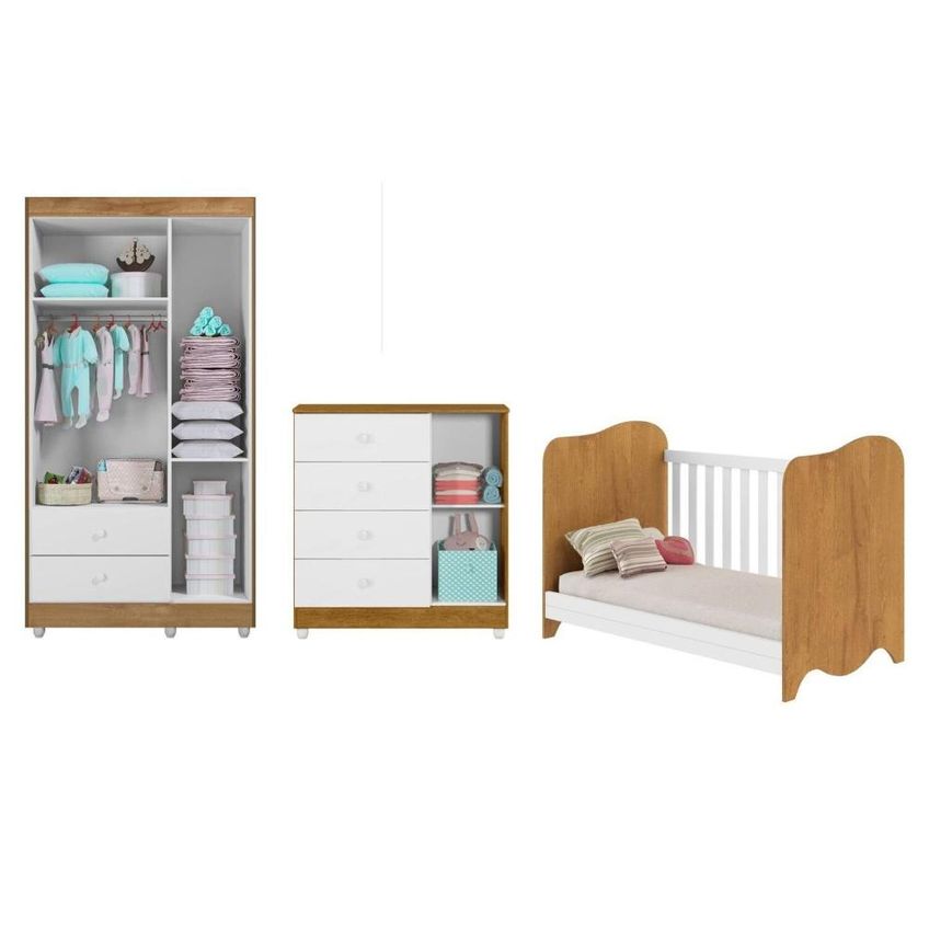 Quarto De Bebê Completo Berço 100% MDF Com Guarda-roupa 3 Portas Nuvem Branco Amadeirado - imagem 4