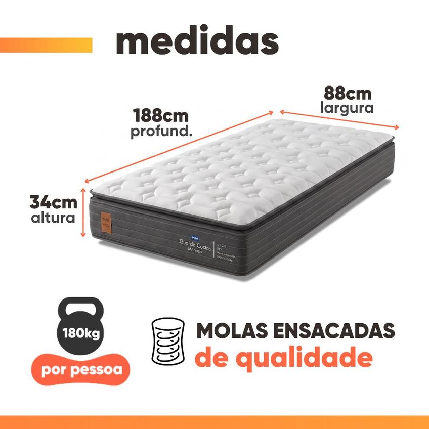 Colchão Solteiro Molas Ensacadas Pillow Super Monaco 88x188x34cm Probel - Suporta Até 180kg - imagem 3