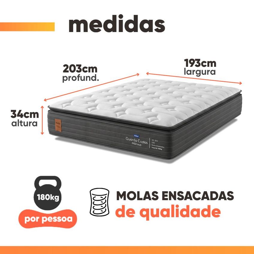 Colchão King Molas Ensacadas Pillow Super Monaco 193x203x34cm Probel - Suporta Até 180kg Por Pessoa - imagem 3