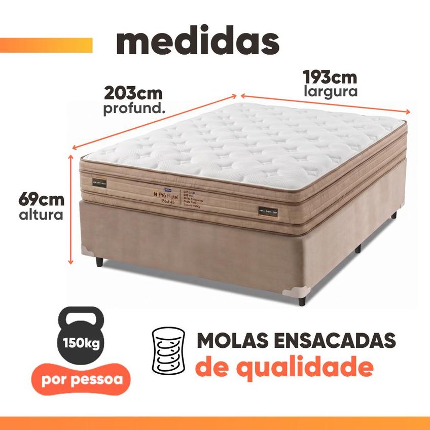 Cama Box Casal Molas Ensacadas Euro Pillow Double Face Pró Hotel 138x188x69cm Probel Até 150kg - imagem 3