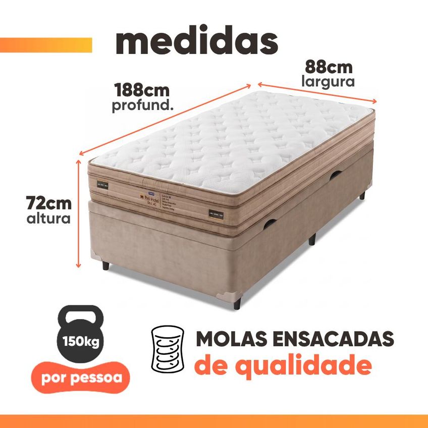 Cama Box Baú Solteiro Molas Ensacadas Euro Pillow Double Face Pró Hotel 88x188x72cm Probel Até 150kg - imagem 3