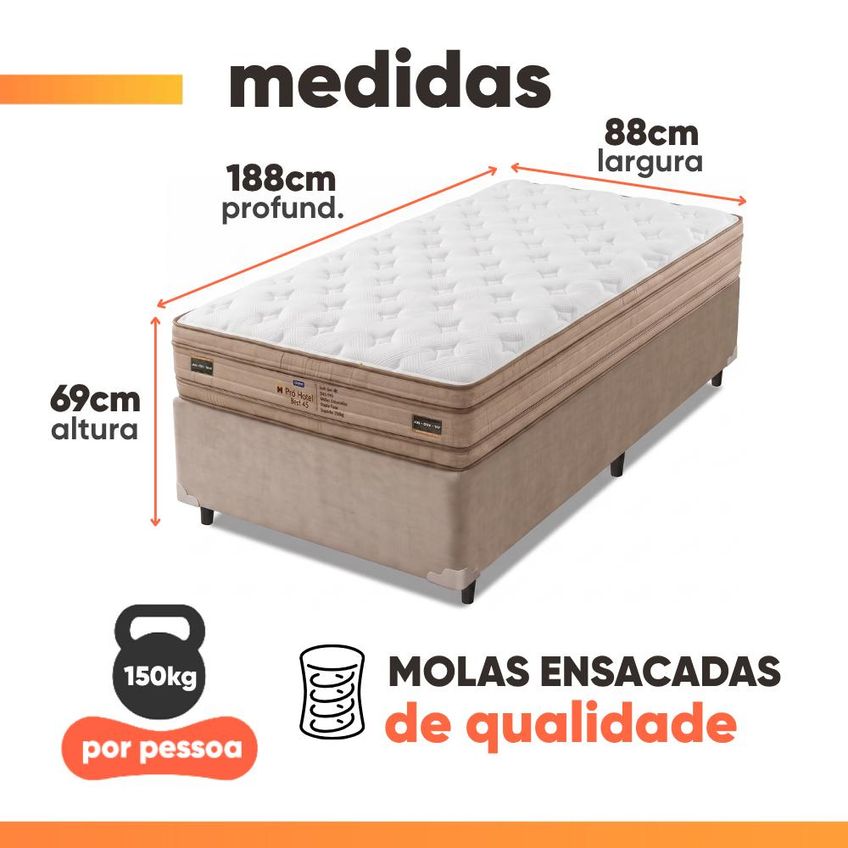 Cama Box Solteiro Molas Ensacadas Euro Pillow Double Face Pró Hotel 88x188x69cm Probel Até 150kg - imagem 3