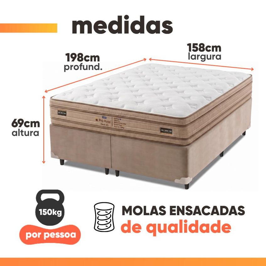 Cama Box Queen Molas Ensacadas Euro Pillow Double Face Pró Hotel 158x198x69cm Probel Até 150kg - imagem 3