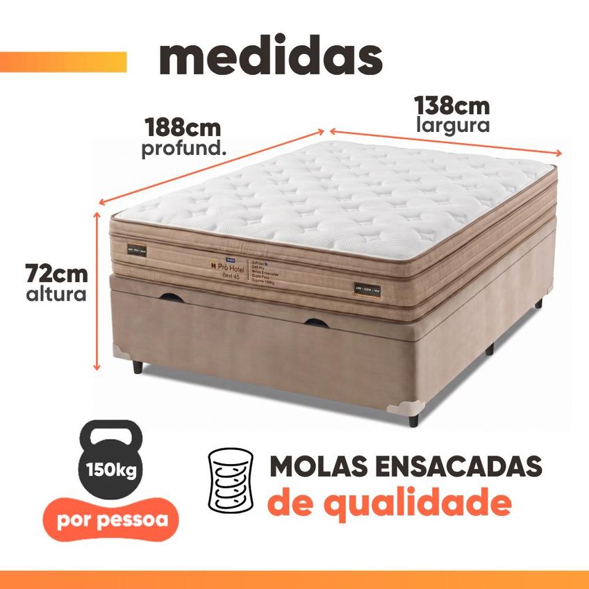 Cama Box Baú Casal Molas Ensacadas Euro Pillow Double Face Pró Hotel 138x188x72cm Probel Até 150kg - imagem 3