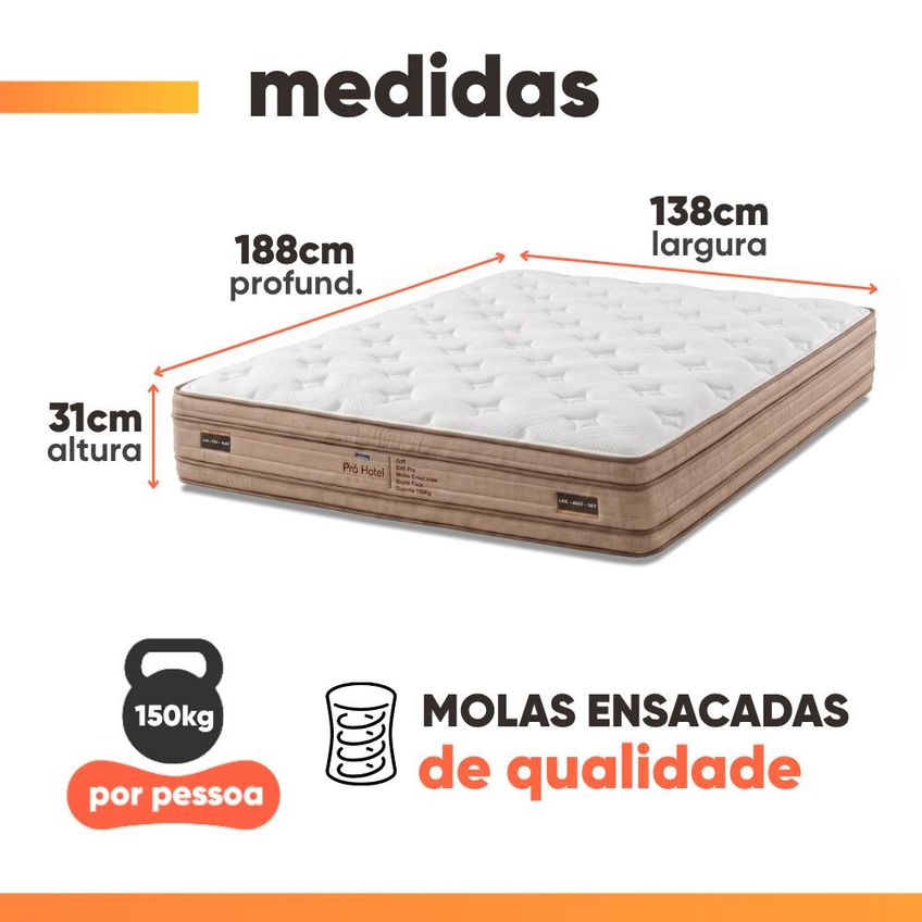 Cama Box Baú Casal Molas Ensacadas Euro Pillow Double Face Pró Hotel 138x188x72cm Probel Até 150kg - imagem 4
