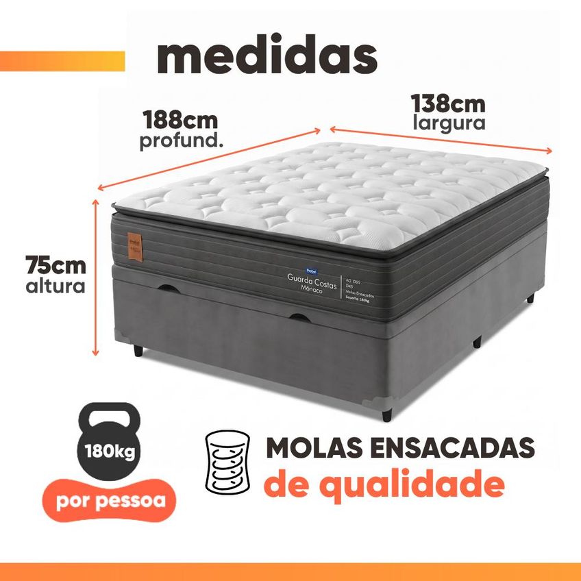 Cama Box Baú Casal Molas Ensacadas Pillow Super Monaco 138x188x75cm Probel Até 180kg Por Pessoa - imagem 3