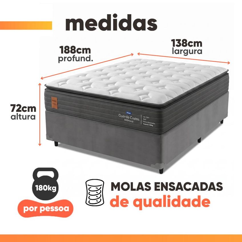 Cama Box Casal Molas Ensacadas Pillow Super Monaco 138x188x72cm Probel Suporta Até 180kg Por Pessoa - imagem 3