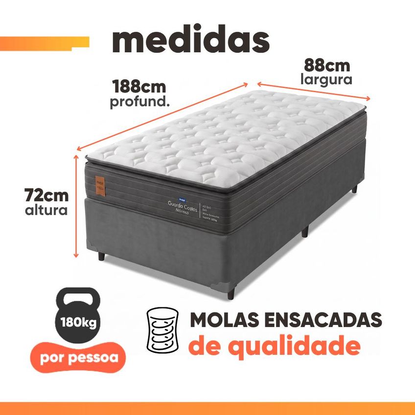 Cama Box Solteiro Molas Ensacadas Pillow Super Monaco 88x188x72cm Probel - Suporta Até 180kg - imagem 3