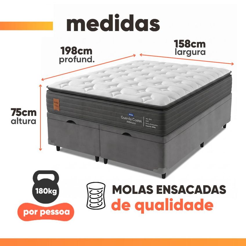 Cama Box Baú Queen Molas Ensacadas Pillow Super Monaco 158x198x75cm Probel Até 180kg Por Pessoa - imagem 3