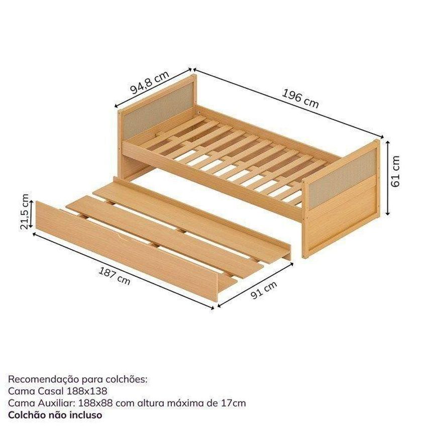 Cama Solteiro Madeira Maciça Com Cama Auxiliar Magna Kids Casatema Marrom/natural Natural - imagem 3