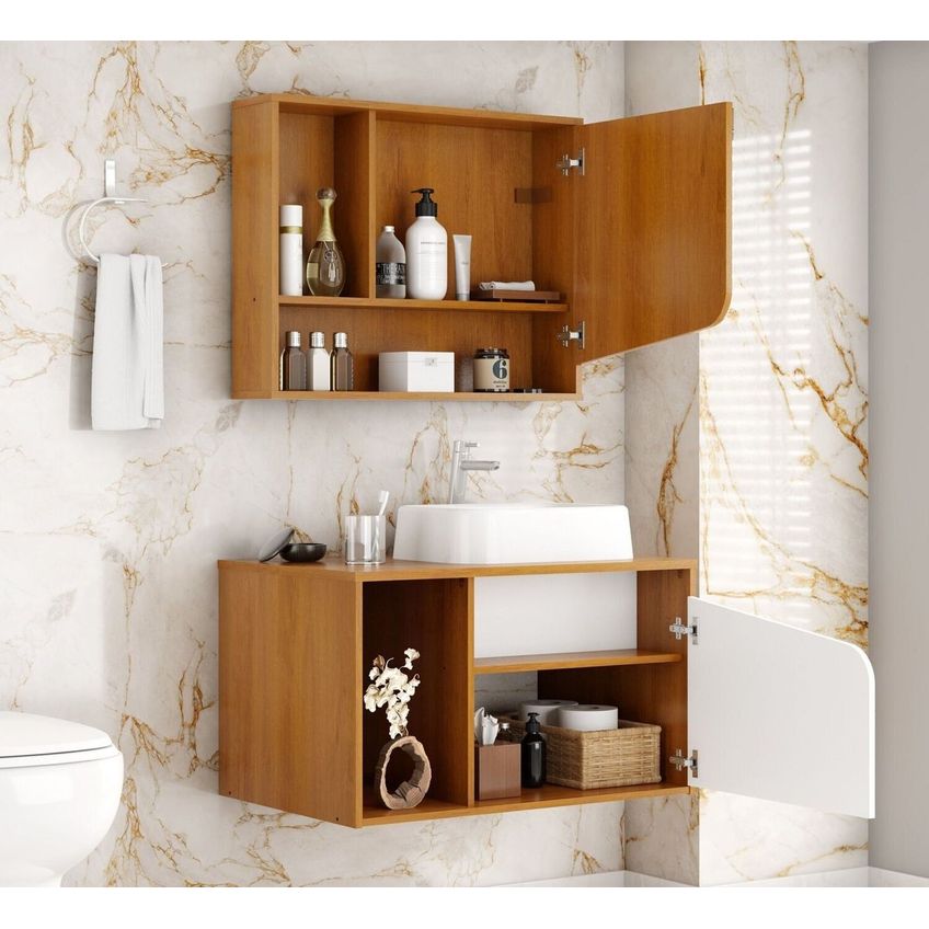 Gabinete Banheiro Delta 1 Porta Cuba E Armario Espelheira Naturalle/Branco - imagem 4