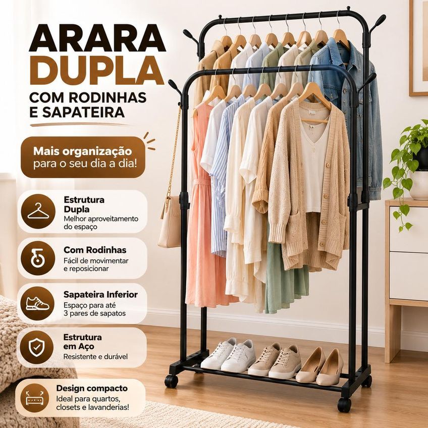 Arara Dupla Roupas Com Rodinhas Sapateira Cabideiro Organizador Quarto Closet Loja - imagem 3