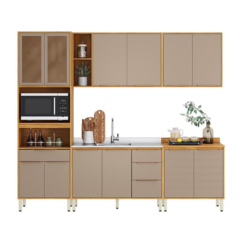 Cozinha Completa 5 Peças Sem Tampo Com Paneleiro 1 Forno, 2 Balcões E 2 Armários Aéreos Plena Cinamon/nude Prime Tx - Demóbile Cinamon/nude Prim - imagem 3