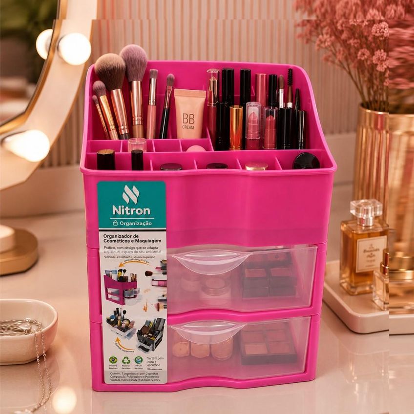 Gaveteiro Duplo Rosa Organizador Cosmeticos Maquiagem 2 Gavetas Estante Guarda Tudo Multiuso Batons Pinceis Escritorio Q - imagem 3