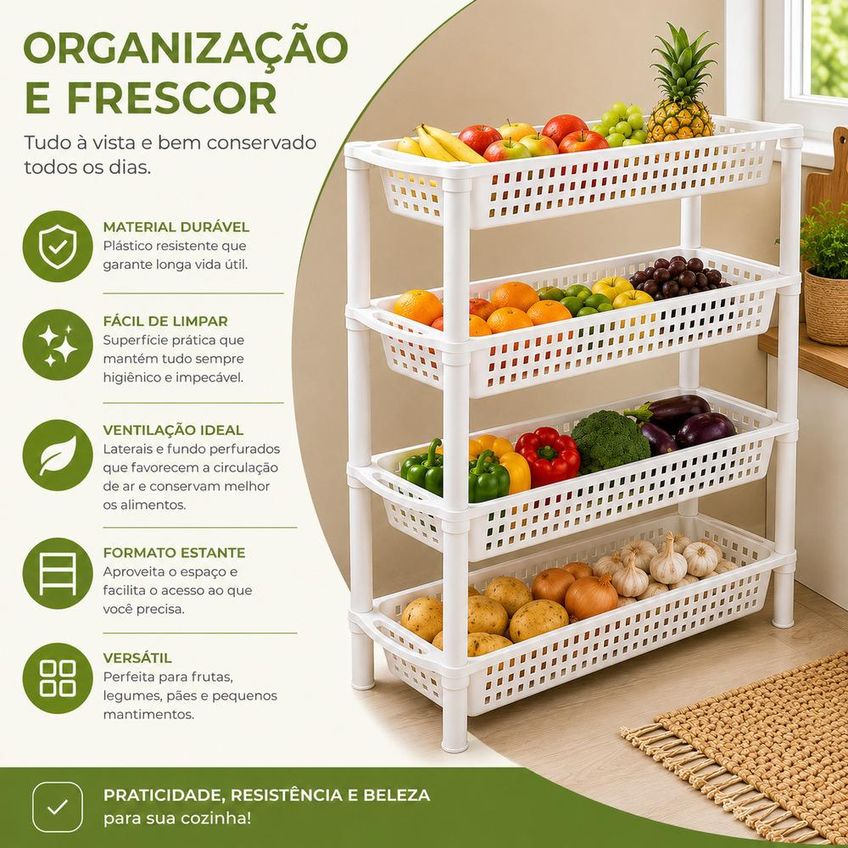 Estante Prateleiras 4 Andares Organizador Auxiliar Multiuso Cesto Lavanderia Quarto Fruteira De Chao Banheiro Porta Trec - imagem 3