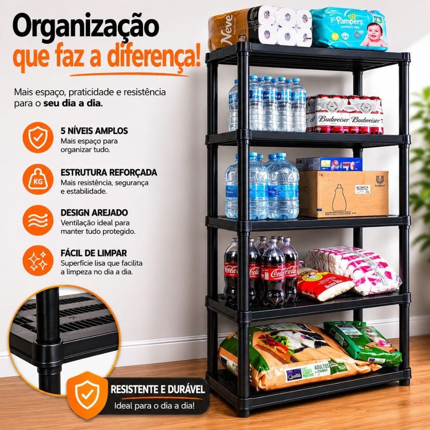 Prateleira Plástica 5 Andares Preta Estante Organizadora Garagem Cozinha Lavanderia Escritório - imagem 3