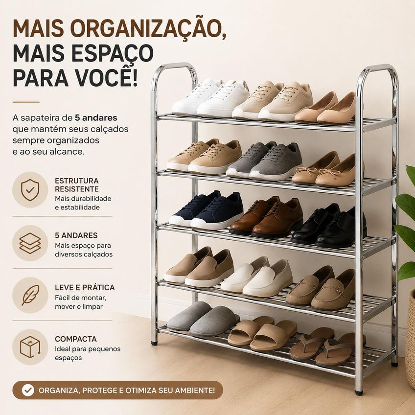Sapateira Multifuncional 5 Andares Organizador De Sapatos Portátil Em Metal E Plástico - imagem 3