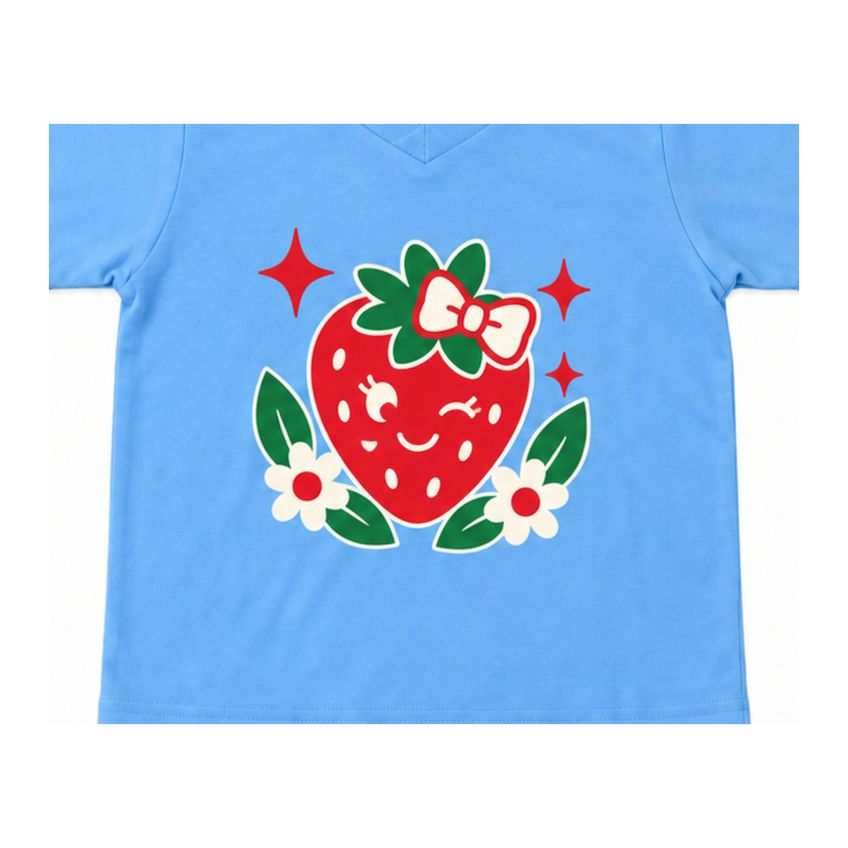 Conjunto Infantil Menina Básico Algodão Camiseta E Shorts Estampa Morango Macio Leve Confortável Casual Verão - imagem 3