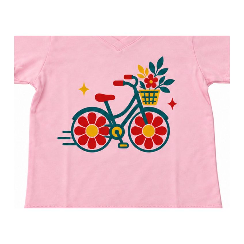Conjunto Infantil Menina Camiseta E Shorts Básico Em Algodão Estampa Bicicleta Macio Leve Confortável Fofo - imagem 3