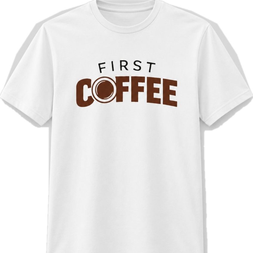 Camiseta Básica Manga Curta em Algodão Estampa First Coffee Leve Confortável Gola Redonda Casual - imagem 3