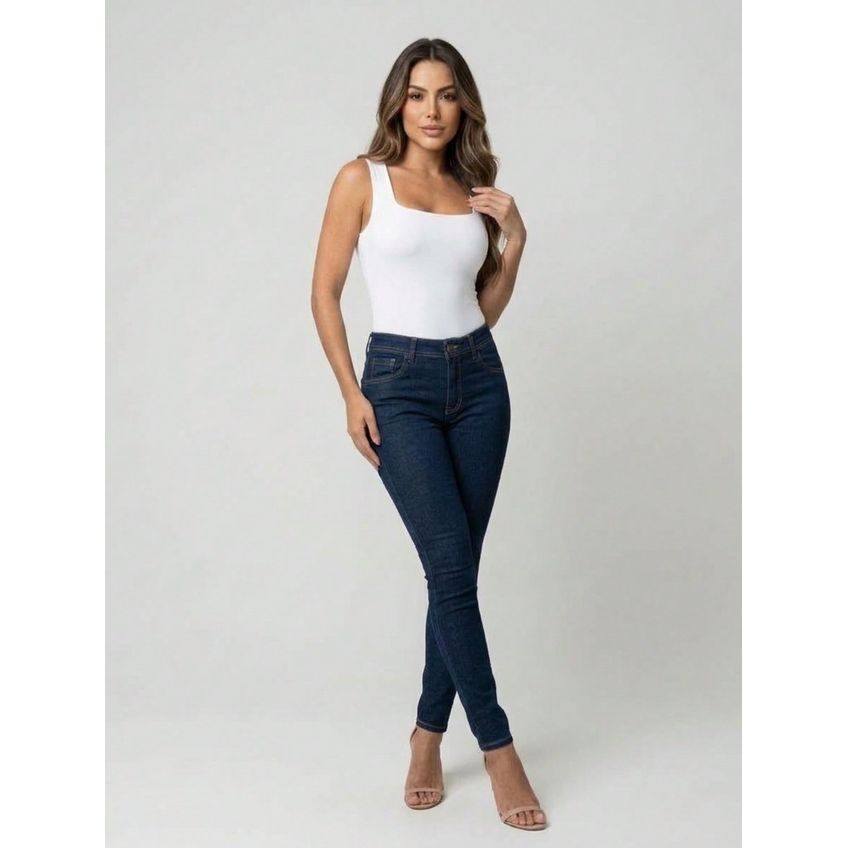 Calça Feminina Jeans Skinny Oversized Unissex Slim Fit Justa Blue Jeans Escuro Azul Calça Para Trabalho Premium - imagem 2