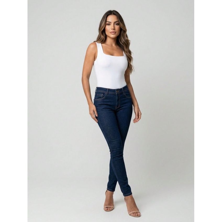 Calça Feminina Jeans Skinny Oversized Unissex Slim Fit Justa Blue Jeans Escuro Azul Calça Para Trabalho Premium - imagem 3